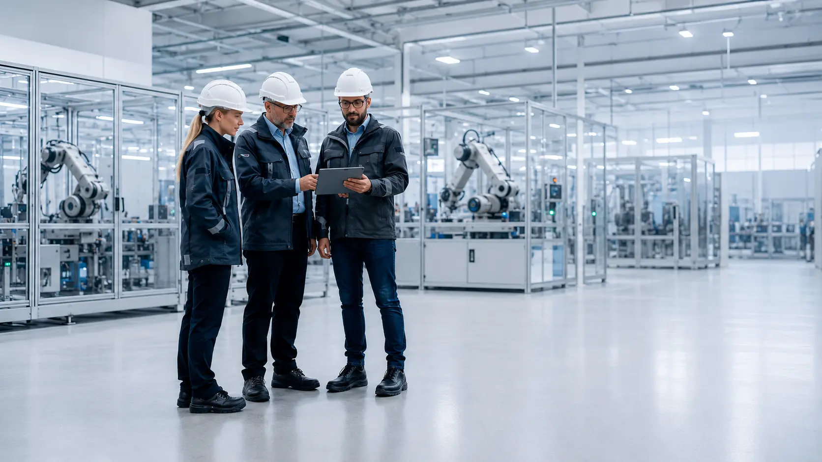 Tværfagligt team gennemgår en opgave sammen på et produktions- og automationsgulv.